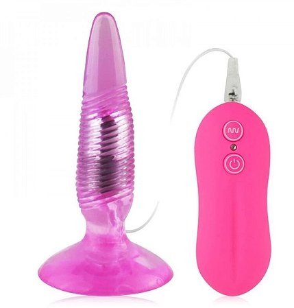 Plug Anal com Relevo Estriado, Com Ventosa e 10 Vibrações-  Cor Rosa