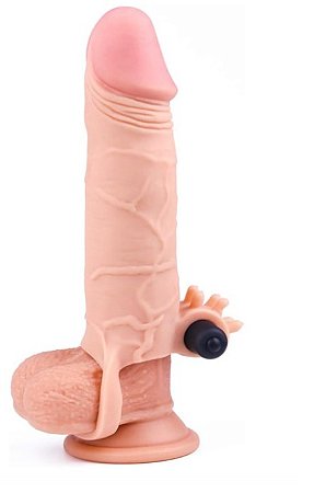 Capa Peniana Extensora com Anel Escroto 18,5cm x 4,2cm sendo 13,5cm Penetrável Cápsula Vibratória Textura Realística X-T