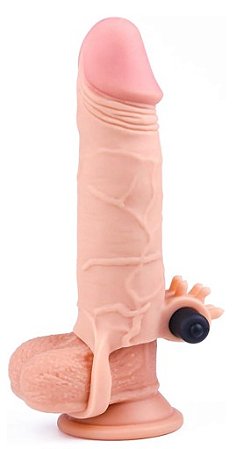 Capa Peniana Extensora Com Anel Escroto 18,5cm x 4,2cm Sendo 13,5cm Penetrável Cápsula Vibratória Textura Realística