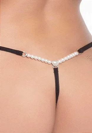 Calcinha Fio Dental Preto Com Renda E Perolas - Yaffa