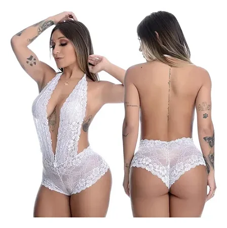 Body Sexy Em Renda Frente Única Regulável Cor Branco TAM G