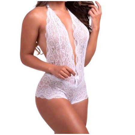 Body Sexy Em Renda Frente Única Regulável Cor Branco TAM P