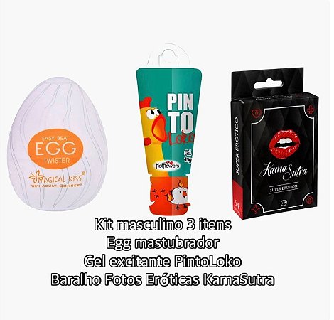 kit Masculino do Prazer Egg Masturbador+Gel Estimulante Pinto Loko +Baralho Kamasutra + + 1 RASPADINHA KAMA SUTRA)