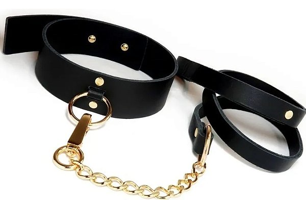 Choker Celinna Em Couro 33 Mm Use Como Colar- Preto E Dourado