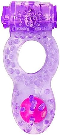 Anel Peniano Pérola com Vibrador, Estimulador de Clitóris e Pérola Anal, TPR Roxo, 7cm, 2 Baterias LR1130 Inclusas