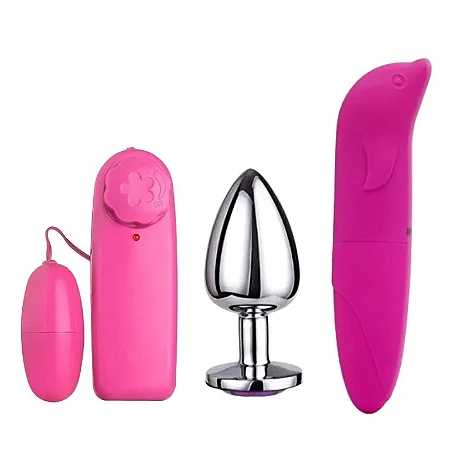 Kit Plug anal P + 2 Vibrador feminino Golfinho e Bullet Ponto G