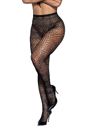 Meia Calça Com Transparência Em Arrastão Com Trama De Losangos Tam Único Y4013 - BLACK-
