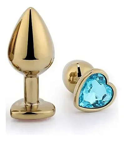Plug Anal de Coração em Aço - Dourado Com AZUL- Tamanho P-