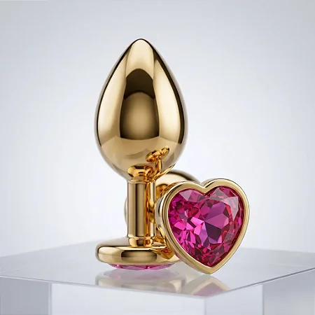 Plug Anal de Coração em Aço - Dourado Com ROSA- Tamanho P-