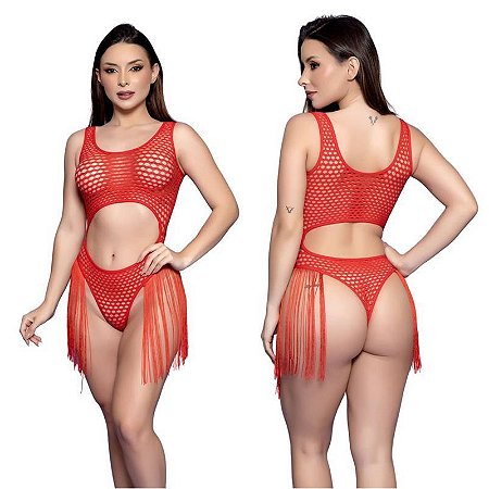 Body Arrastão Aberto na Frente e Atrás Com Franjas na Cintura - Pura Sedução e Estilo-COR VERMELHO- Y2142-