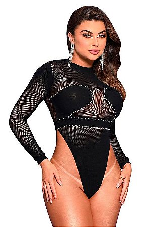 Body Com Mangas Longas e Strass- Se Ajusta Ao Corpo De Forma Perfeita, Realçando As Curvas Com Leveza