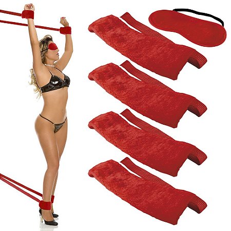 Kit Bondagem Regulável- Com 4 Amarras e Venda de Pelúcia (Vermelho)