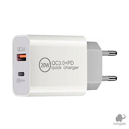 Carregador USB QC3.0 Tipo C - 20W - Booglee - eletrônicos para