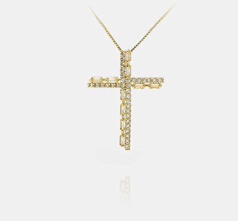 Colar cruz cravejada em zircônias com pedras navetes de zircônia banho ouro 18k