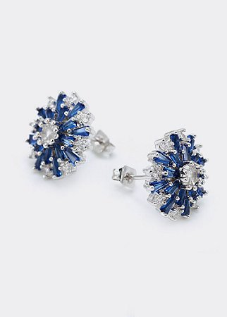 Brinco flor com zircônias cristal e safira