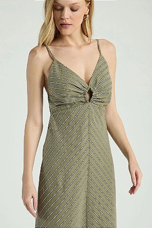VESTIDO LISTRADO COM FRANZIDO-CINZA ESVERDEADO