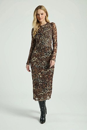 VESTIDO MIDI ESTAMPADO EM TULE - EST ONCA PINTADA