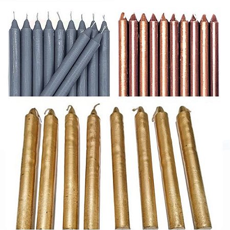 Velas Palitos feitas de 100% de parafina pura - Prata - Dourada - Cobre- pcte 250g