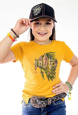 T-Shirt Zoe Horse Infantil Amarelo Cocar Com Pena ZHW3046