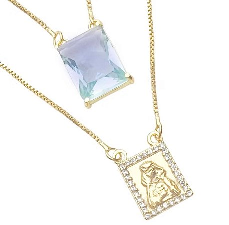 Escapulário de Ouro 24K Nossa Senhora com Pedra Azul 1mm 60cm Banhada a Ouro