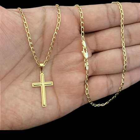 Corrente Grumet Longa com Marcação 18k + Pingente Cruz Banhados a ouro18k