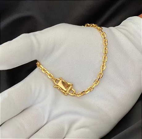 Pulseira Cadeado Masculina com Fecho Gaveta Trava Dupla Banhada a Ouro18k