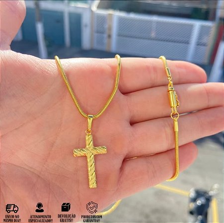 Conjunto Cordão Rabo de Rato De Ouro 18k Com Pingente Crucifixo Banhada a Ouro