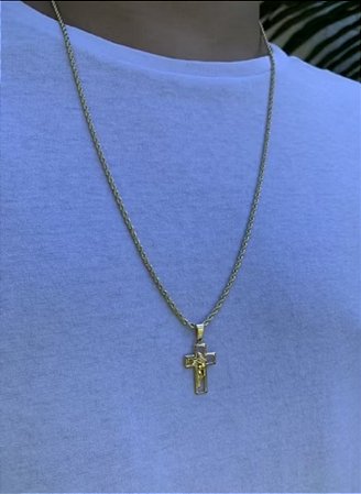 Corrente Grumet Masculina + Pingente Cruz Face de Cristo Banhados a ouro18k