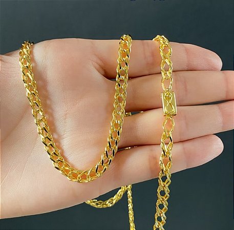 Corrente Masculina de Ouro 24k Grumet C/ Elos Duplos Banhada a Ouro 24k 6mm 70cm Cordão