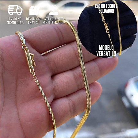 Corrente Masculina 3,5mm 70cm 14,6g Fecho Canhão Banho de Ouro 24k  Corrente Rabo de Rato