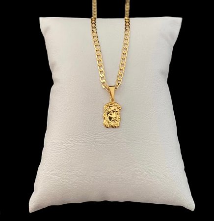 Corrente Masculina Grumet 3mm + Pingente Face de Cristo Banhados a Ouro 18k