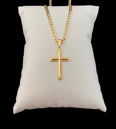 Corrente Masculina Grumet + Pingente Cruz Detalhada Banhados a ouro18k