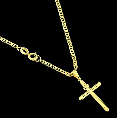 Corrente Piastrine+ Pingente Cruz Inri Banhado a Ouro 18k