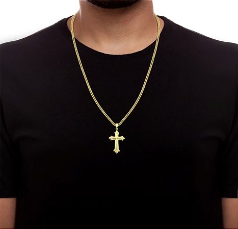Corrente Masculina Grumet Dupla Lacraia 3mm + Pingente Cruz Banhado a Ouro 18k