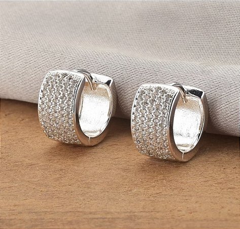 Brinco Prata Argola Cravejada com pedras zircônia Banhado Ouro Branco
