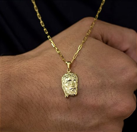 Corrente Masculina com Pingente Face de Cristo Banhados a ouro 18k