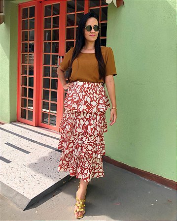 Saia Midi 4 Babados Folhagem - em Malha Crepe Premium