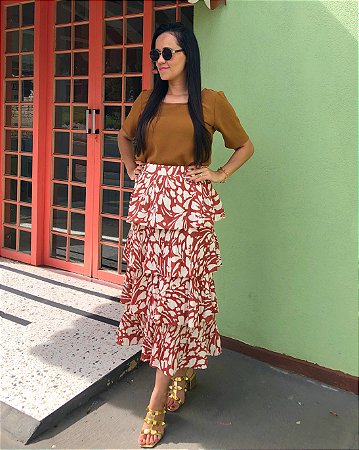 Saia Midi 4 Babados Folhagem - em Malha Crepe Premium