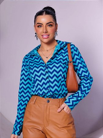 Camisa Social Manga Reta Estampa Chevron - em Tricoline