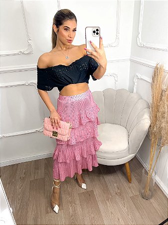 Saia Midi 4 Babados Estampa Poá - em Malha Crepe Premium