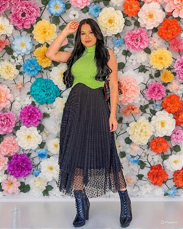 Saia Midi Plissada 02 Camadas - em Tule Poá