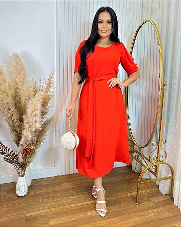 Vestido Midi com Faixa Amarração - em Crepe Duna