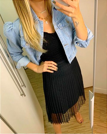 Saia Midi Plissada 01 Camada - em Tule Poá