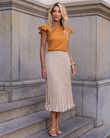 Saia Maxi Midi Plissada Floral - em Crepe