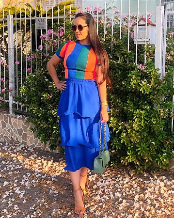 Saia Midi Três Babados - em Crepe