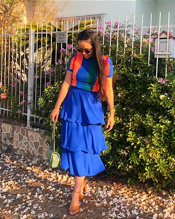 Saia Midi Três Babados - em Crepe