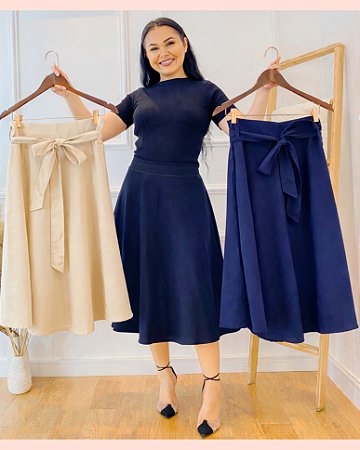 Saia Midi Godê com Faixa Amarração - em Linho