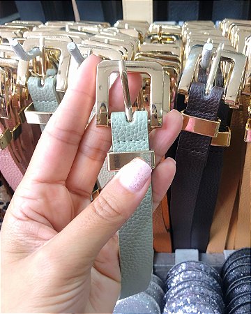 Cinto Feminino em Courinho Sintético - Fivela Quadrada Metalizada