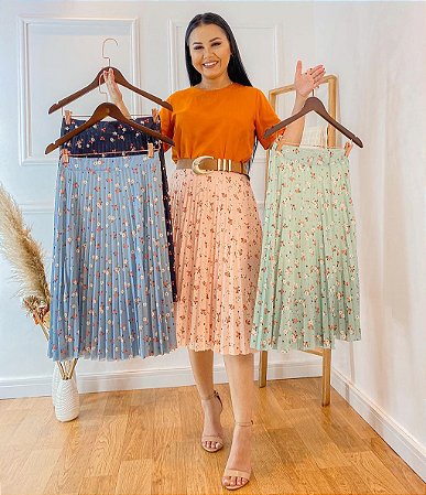 Saia Midi Plissada Estampa Floral - em Malha Crepe