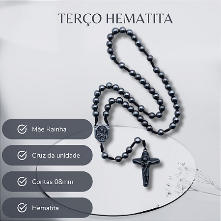 TERCO HEMATITA 8MM CORDAO C/TRI MAE RAINHA OCTA